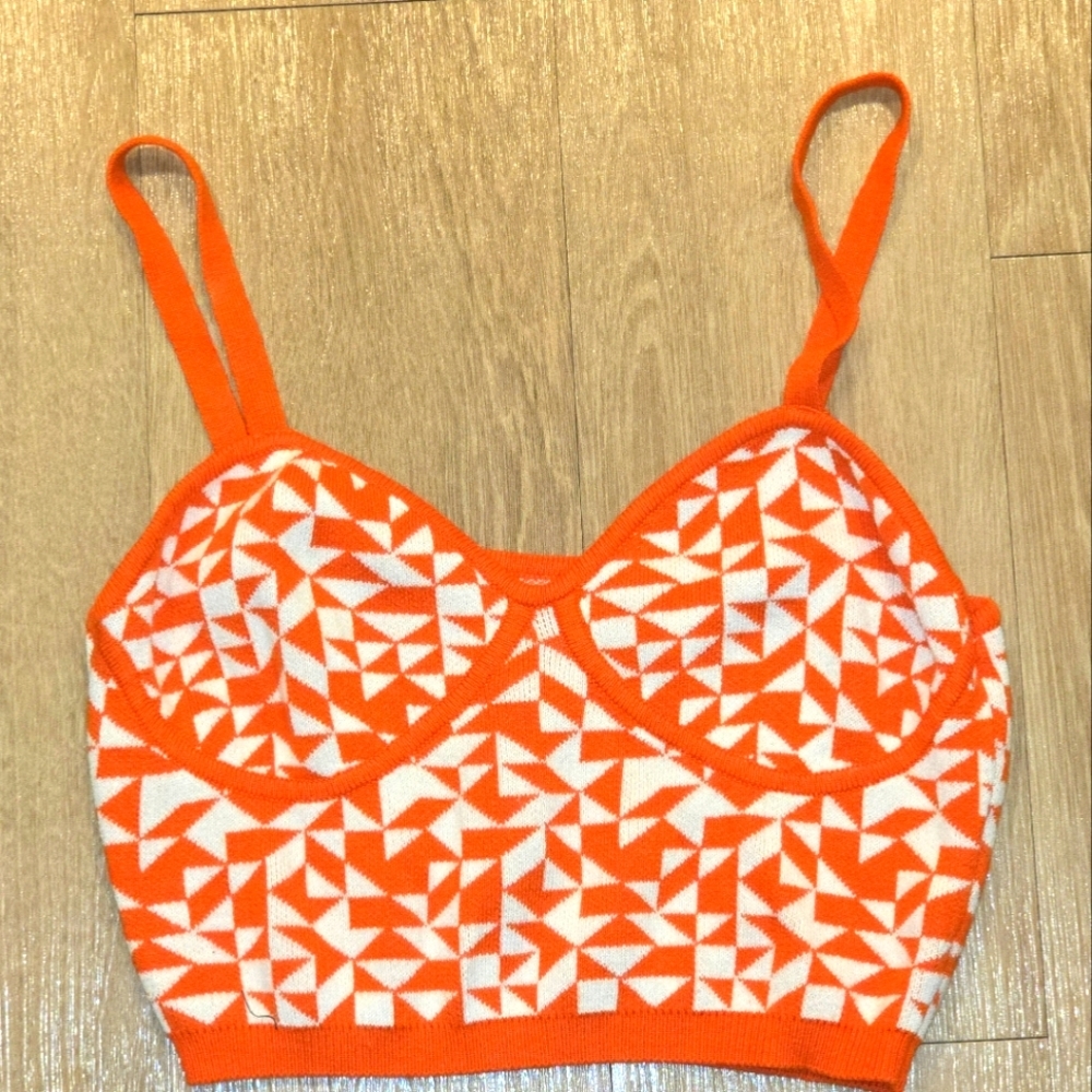 Future Collective Orange And White Geometric Cropped Tank Top, Womens Small